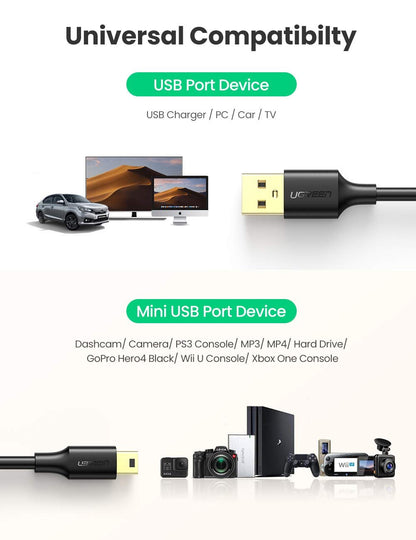 Ugreen Mini USB Charging Data Cable Gold Plated High Speed 480Mbps USB 2.0 A Male to 5-Pin Mini B Cable for Garmin Nuvi GPS,SatNav,Dash Cam,Digital Camera,PS3 Controller,Hard Drive,MP3 Player,GoPro Hero 3+,PDA etc - Hatke