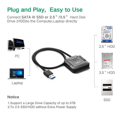 UGREEN USB 3.0 to SATA III Converter Adapter Cable for 2.5"/3.5" SATA HDD/SSD, BLU-RAY DVD, CD-ROM, DVD-ROM, CD-RW, No Switching Adapter 20611 - Hatke