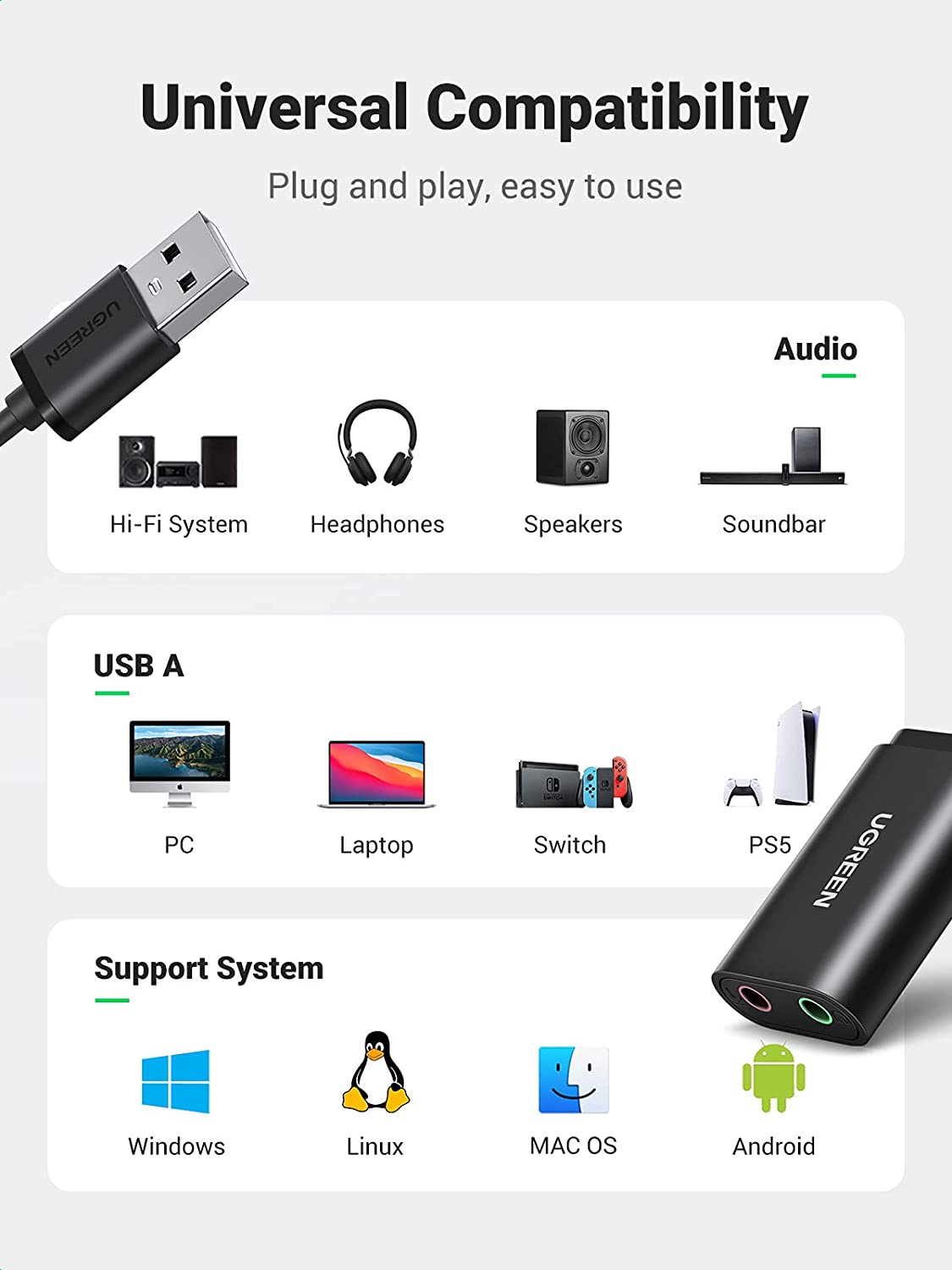 UGREEN USB Audio Adapter External Stereo Sound Card Black Hatke