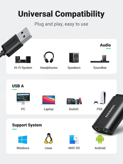 UGREEN USB Audio Adapter External Stereo Sound Card with 3.5mm Headphone and Microphone Jack for Windows, Mac, Linux, PC, Laptops, Desktops, PS4 - 30724( Black) - Hatke