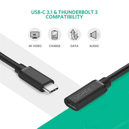 UGREEN USB C Extension Cable - USB 3.1 Gen 2 10Gbps USB C Extender 100W Fast Charging Male to Female Thunderbolt 3 Compatible for Nintendo Switch MacBook Pro iPad Pro Dell XPS Surface Go Hub 0.5M - 40574 - Hatke